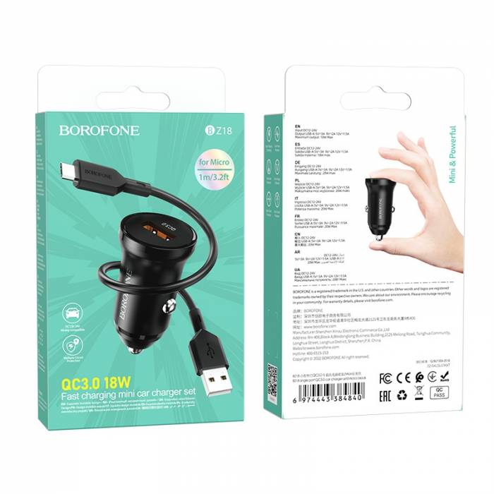 Автомобильное зарядное устройство на Micro-USB Borofone BZ18 QC3.0 (black)