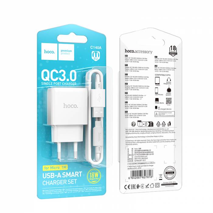 Зарядное устройство на Micro-USB Hoco C140A QC3.0 (white)