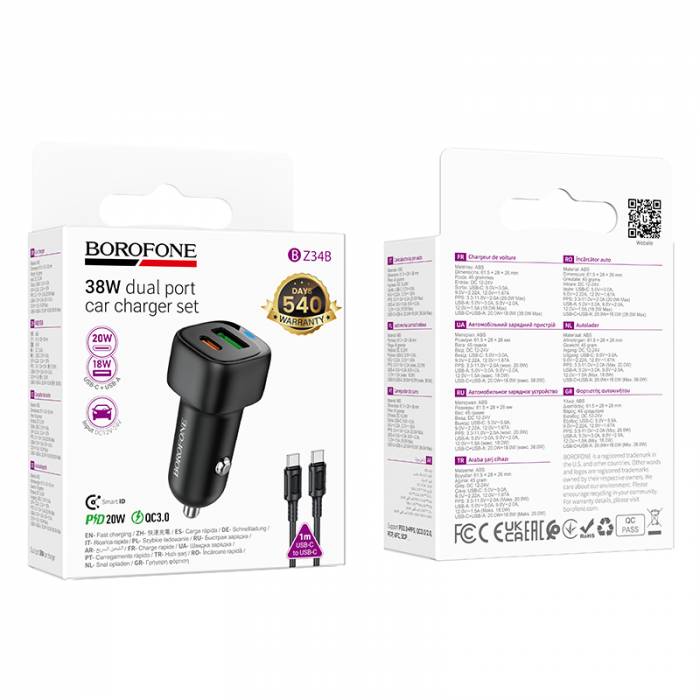 Автомобильное зарядное устройство для Type-C Borofone BZ34B PD38W QC3.0 (black)