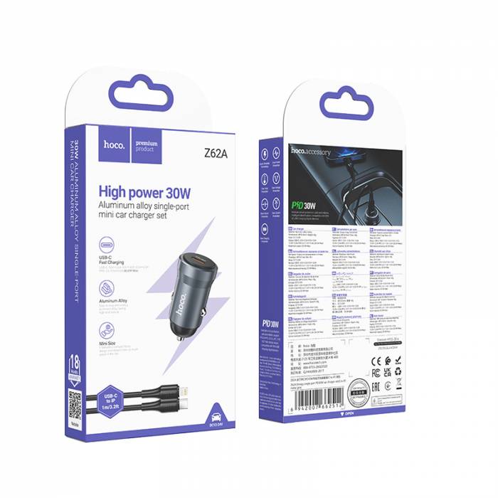 Автомобильное зарядное устройство для Lightning Hoco Z62A PD30W (metal grey)