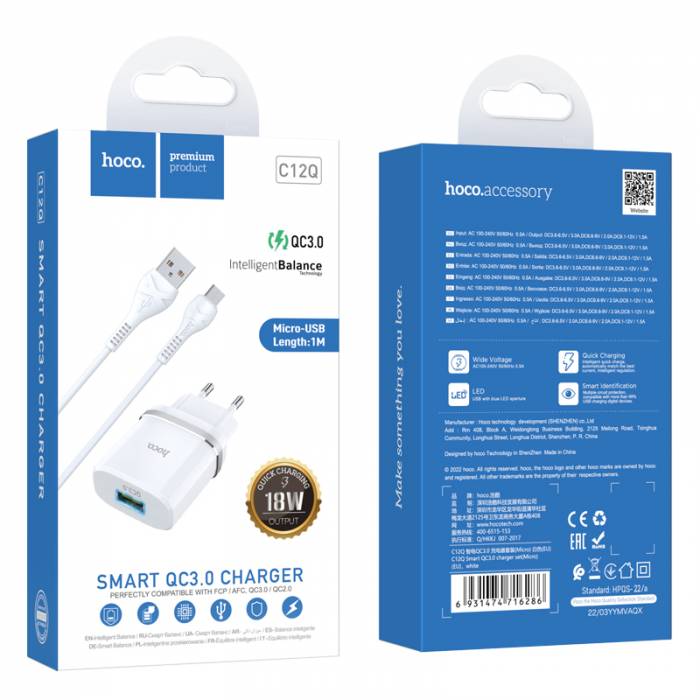 Зарядное устройство на Micro-USB Hoco C12Q QC3.0 (white)