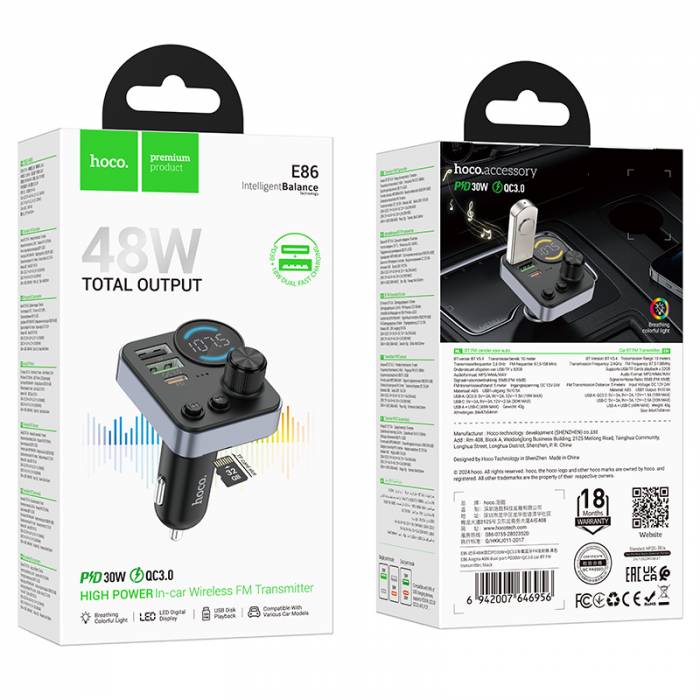 E86 Alegria 48W автомобильный BT FM трансмиттер с 2 портами PD30W+QC3.0(black)