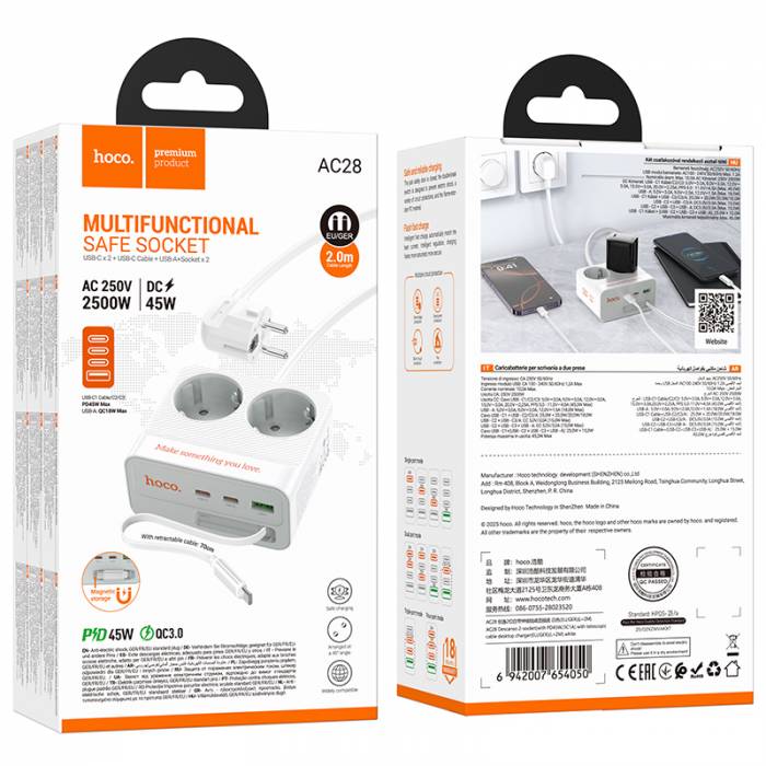  AC28 Descanso (PD45W/2C1A) зарядное устройство с 2 розетками 2m (white)