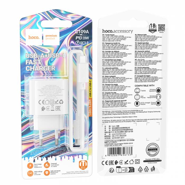Зарядное устройство на Type-C Hoco C109A PD20W+QC3.0(white)