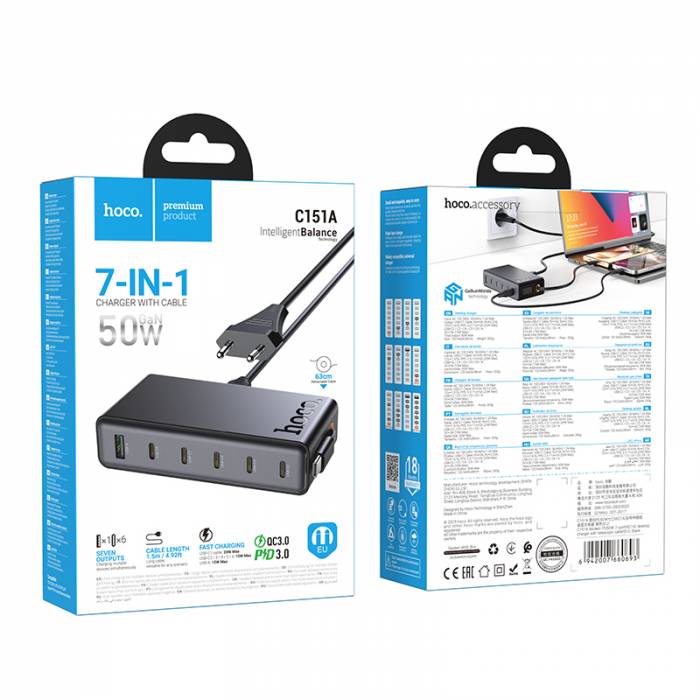 Зарядное устройство PD50W 7-портов (6C1A) Hoco C151A (black)
