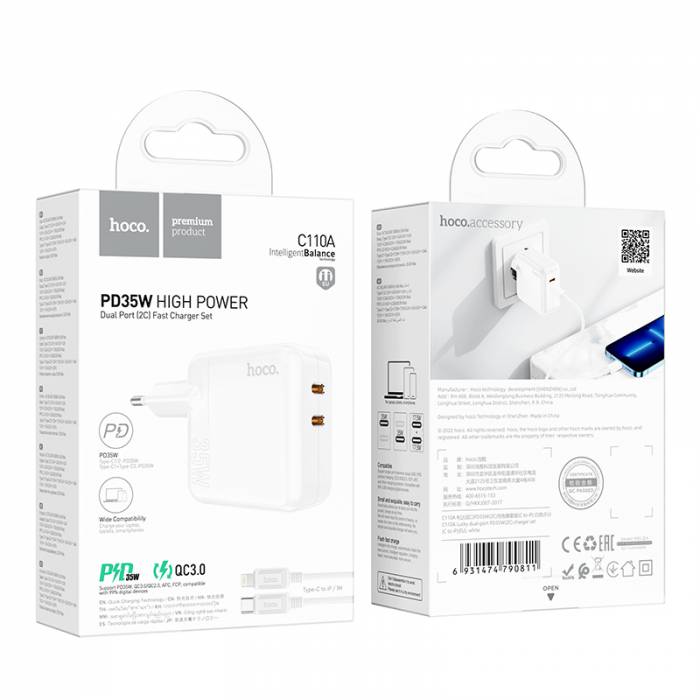 Зарядное устройство на Lightning Hoco C110A PD35W  + QC3.0 dual port(2c) (White)