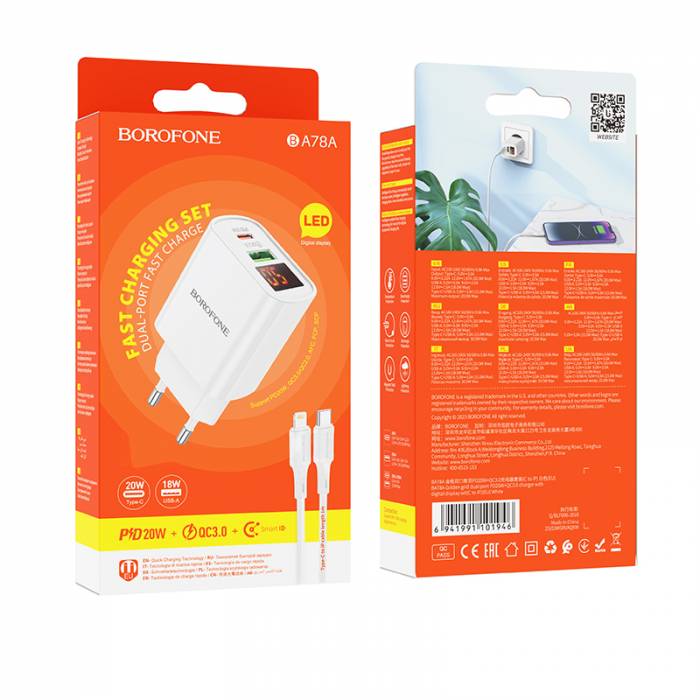 Зарядное устройство на Type-C Borofone BA78A 20W PD + QC3.0 (white)