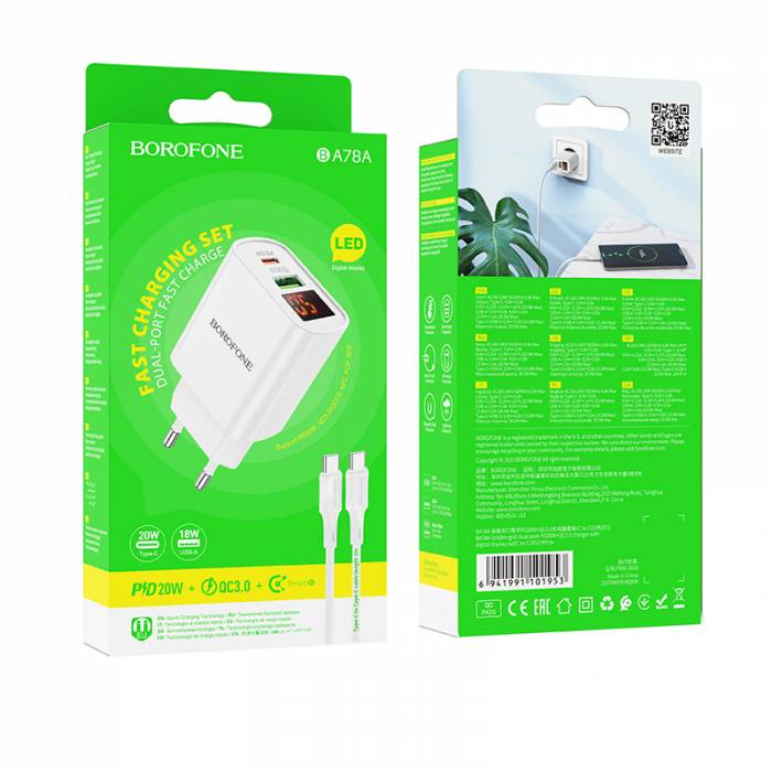 Зарядное устройство на Lightning Borofone BA78A 20W PD + QC3.0 (white)