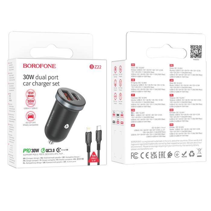 Автомобильное зарядное устройство для Lightning Borofone BZ22 PD30W QC3.0 (black)