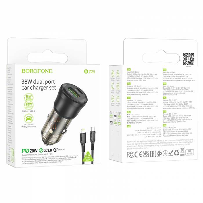 Автомобильное зарядное устройство для Lightning Borofone BZ25 PD38W QC3.0 (black)